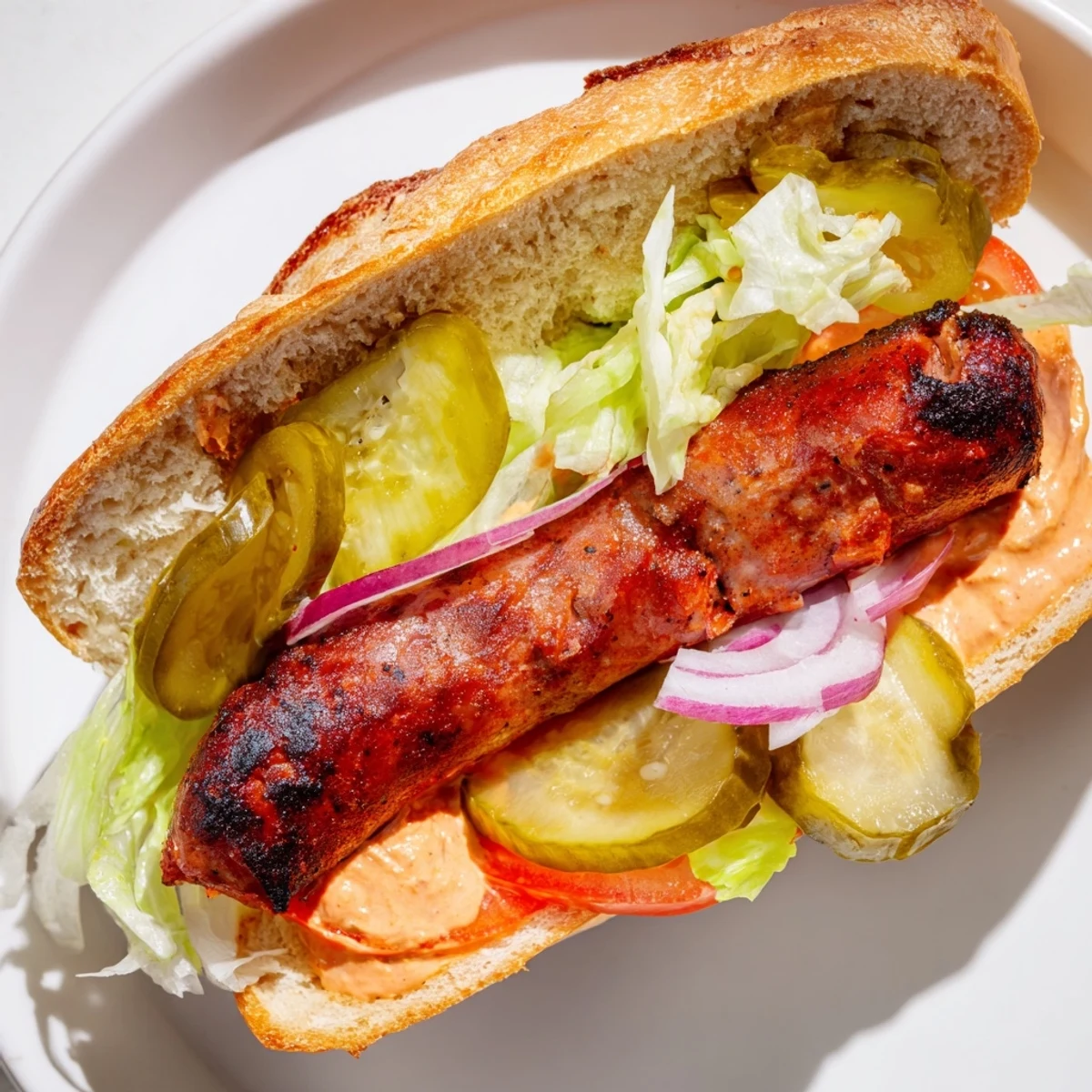 Juicy Grilled Cajun Beef Sausage Po Boy Sandwiches on a toasted baguette with lettuce and tomato.