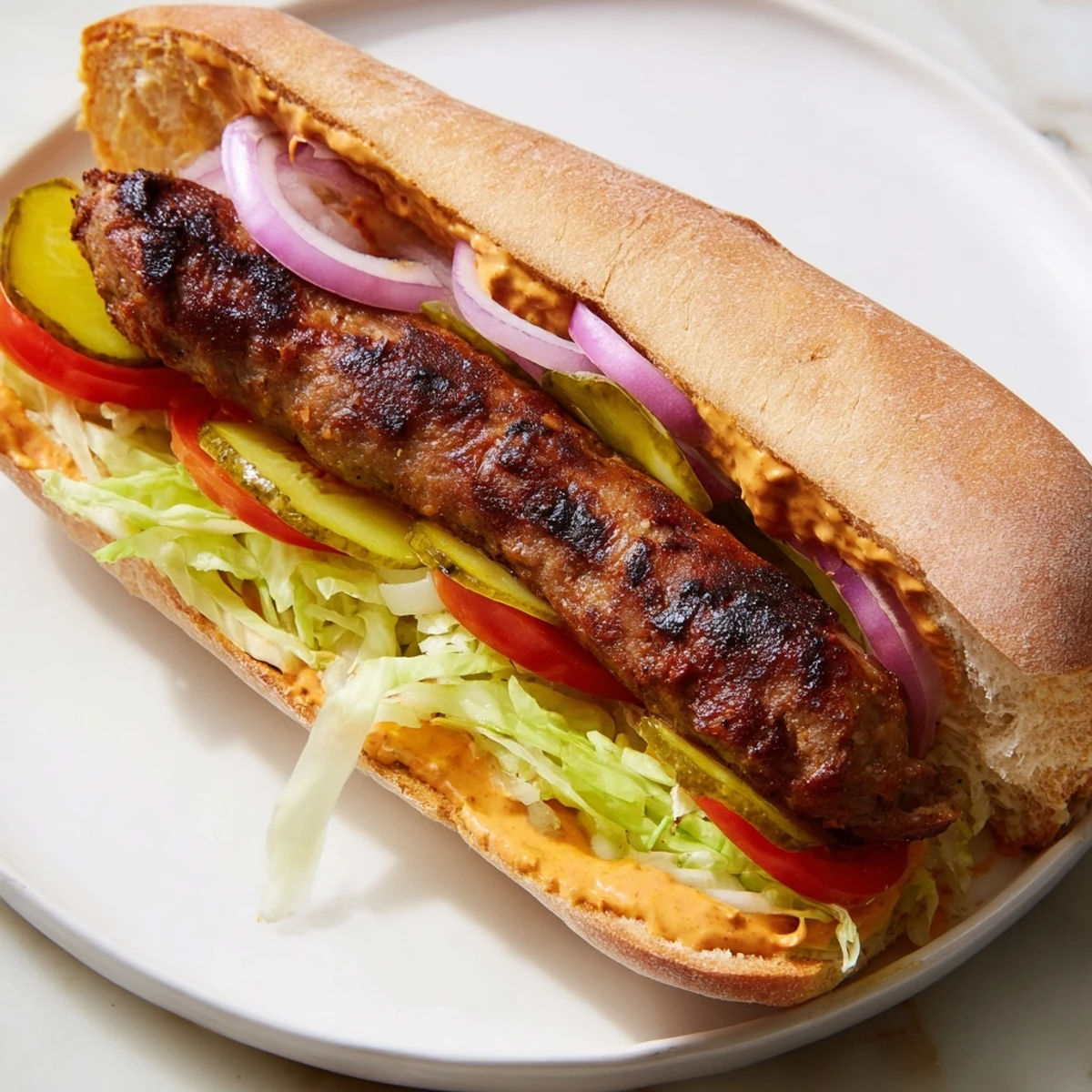 A close-up of Grilled Cajun Beef Sausage Po Boy Sandwiches piled high with onions on a crusty roll.