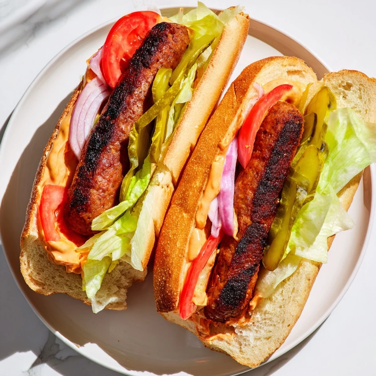 Grilled Cajun Beef Sausage Po Boy Sandwiches feature crisp pickles and creamy Creole remoulade sauce.