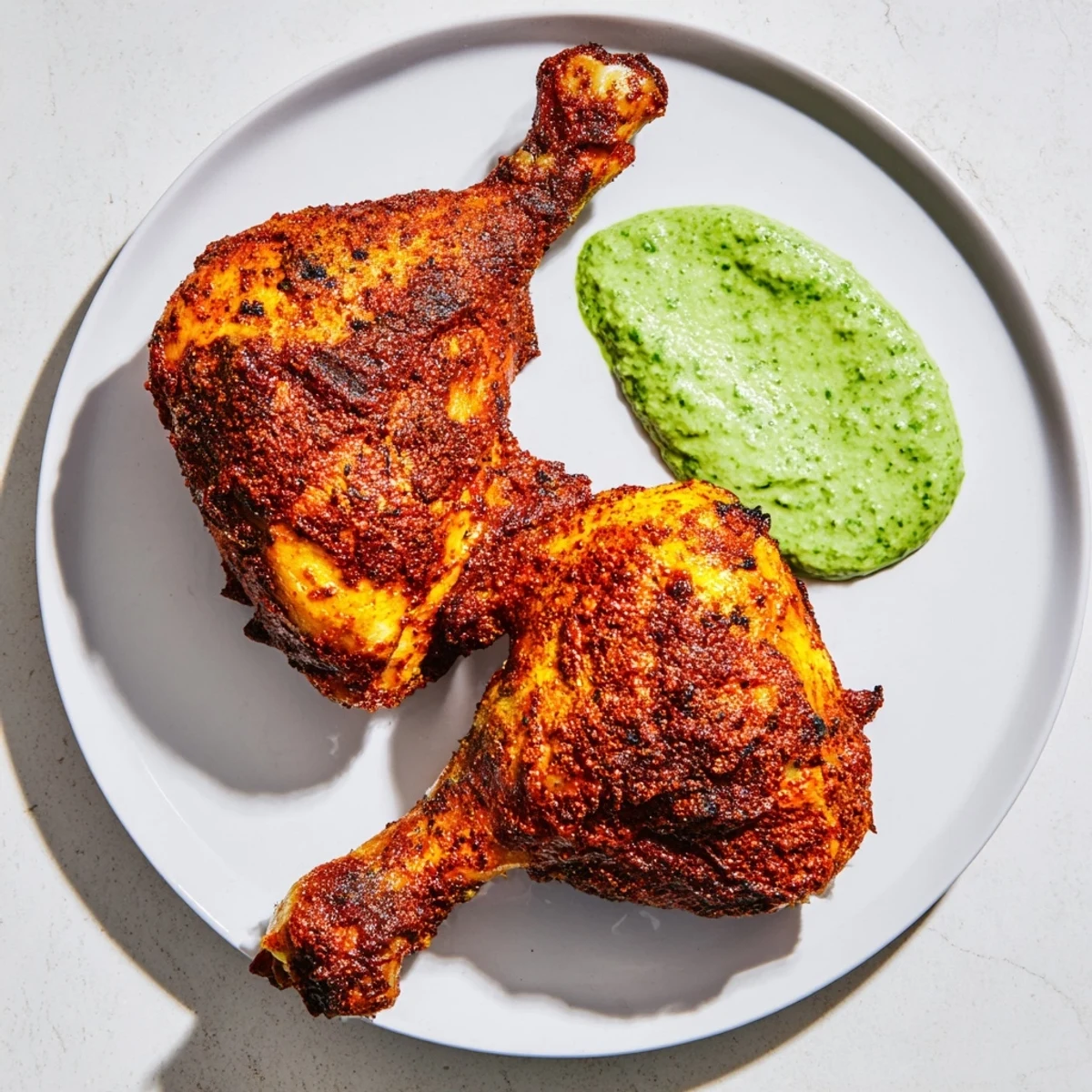 Golden-brown Peruvian roast chicken with crispy skin rests beside a bowl of vibrant creamy green sauce for dipping.