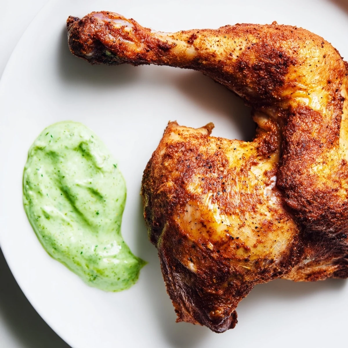Succulent Pollo a la Brasa con Salsa Verde plated with roasted potatoes and fresh lime wedges for a family dinner.