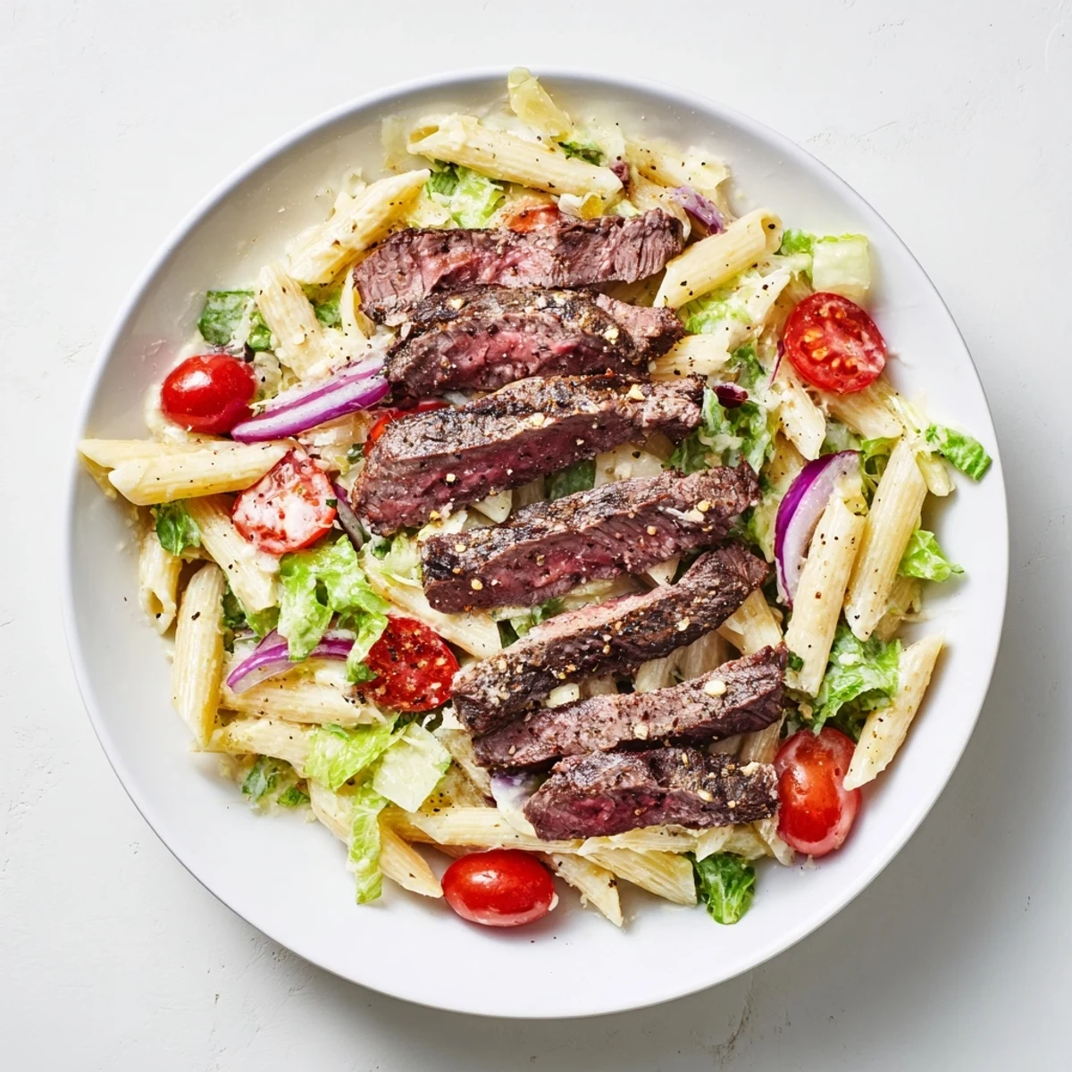 Grilled steak slices atop a Flavorful Steak Caesar Pasta Salad with crisp romaine and creamy dressing.