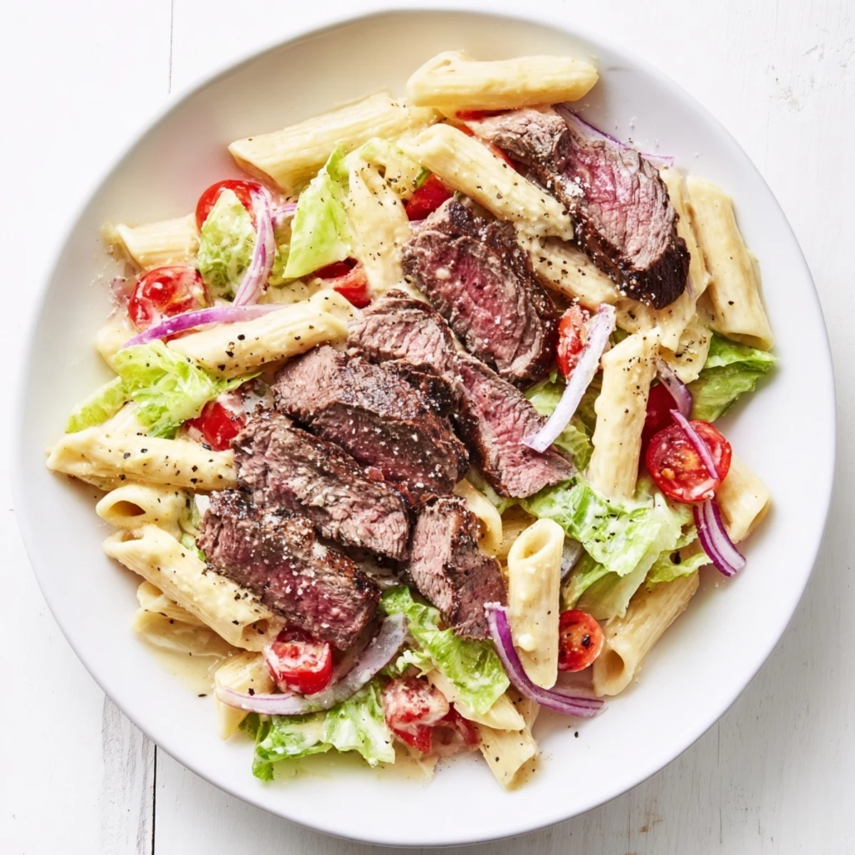 A hearty Flavorful Steak Caesar Pasta Salad with al dente pasta, cherry tomatoes, and red onion.