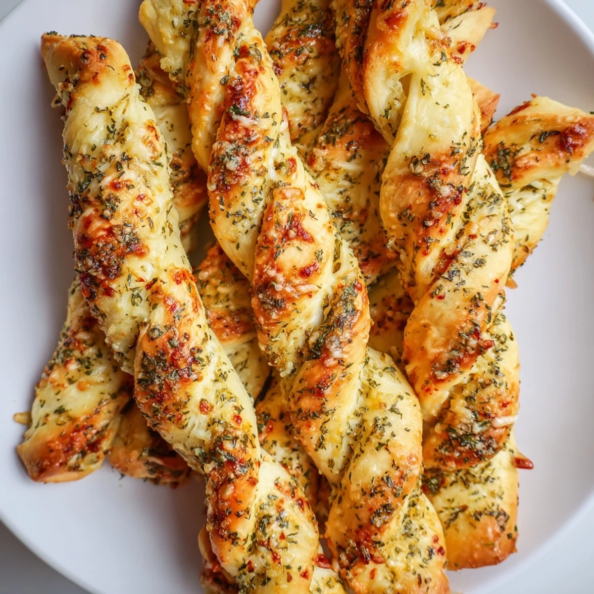 Golden, cheesy Crispy Air Fryer Pizza Cheese Bread Twists with garlic butter, served warm with marinara for dipping.