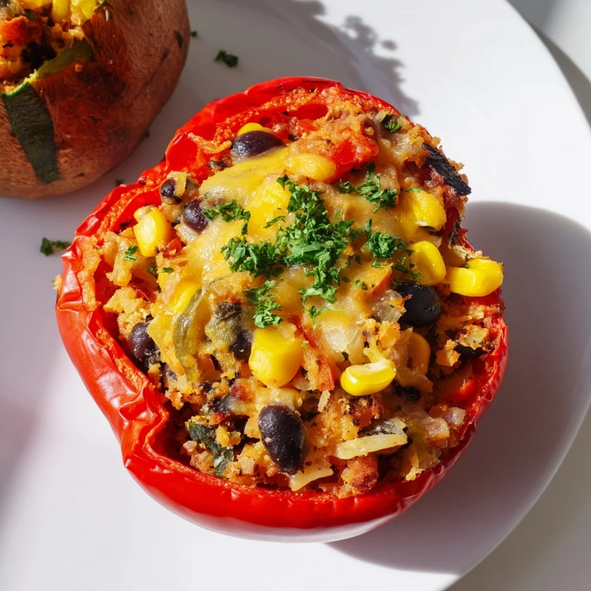 Golden-brown bell peppers stuffed with Cajun potato filling, topped with melted cheddar and breadcrumbs on a rustic wooden board.