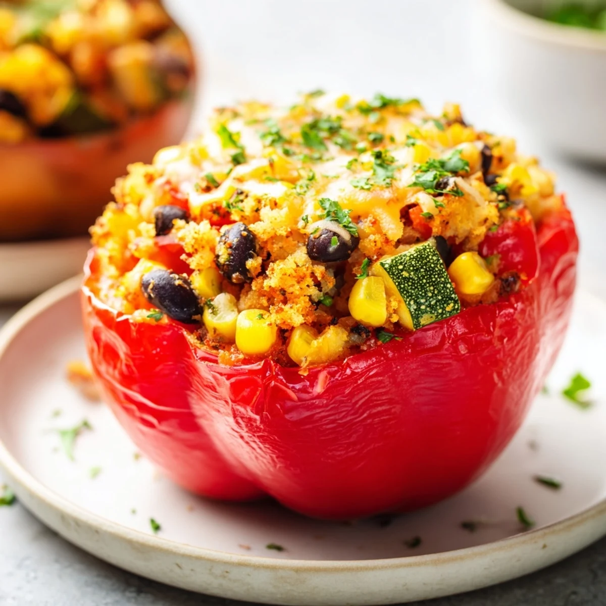 Close-up of a baked Cajun Potato Stuffed Bell Pepper revealing tender peppers and a zesty, chunky potato filling inside.
