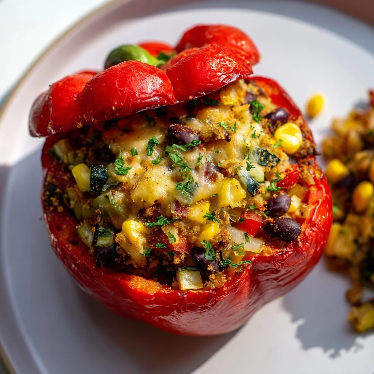 Hearty Cajun Potato Stuffed Bell Peppers served hot alongside a fresh green salad for a vibrant vegetarian dinner.