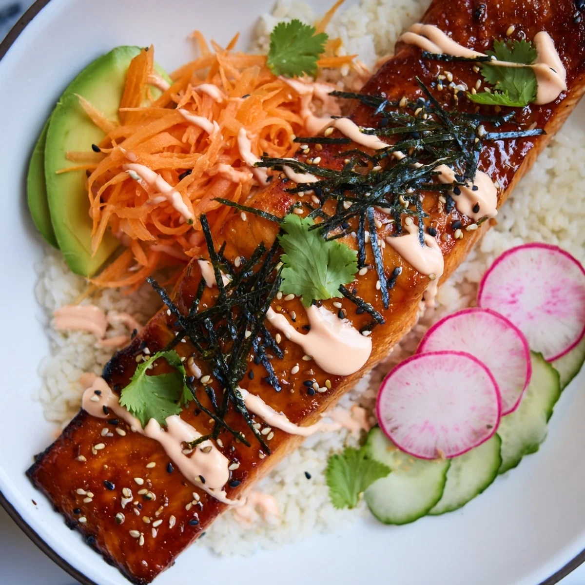 Steamed jasmine rice and flaky teriyaki salmon topped with colorful pickled carrots and radishes in a bowl.
