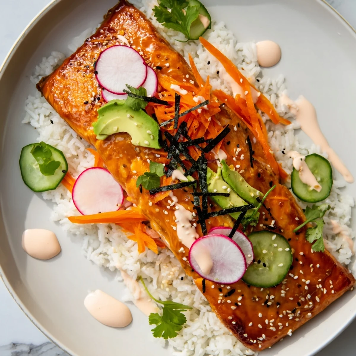 A vibrant fusion bowl with tender salmon, fluffy rice, and crunchy veggies finished with sriracha mayo drizzle.