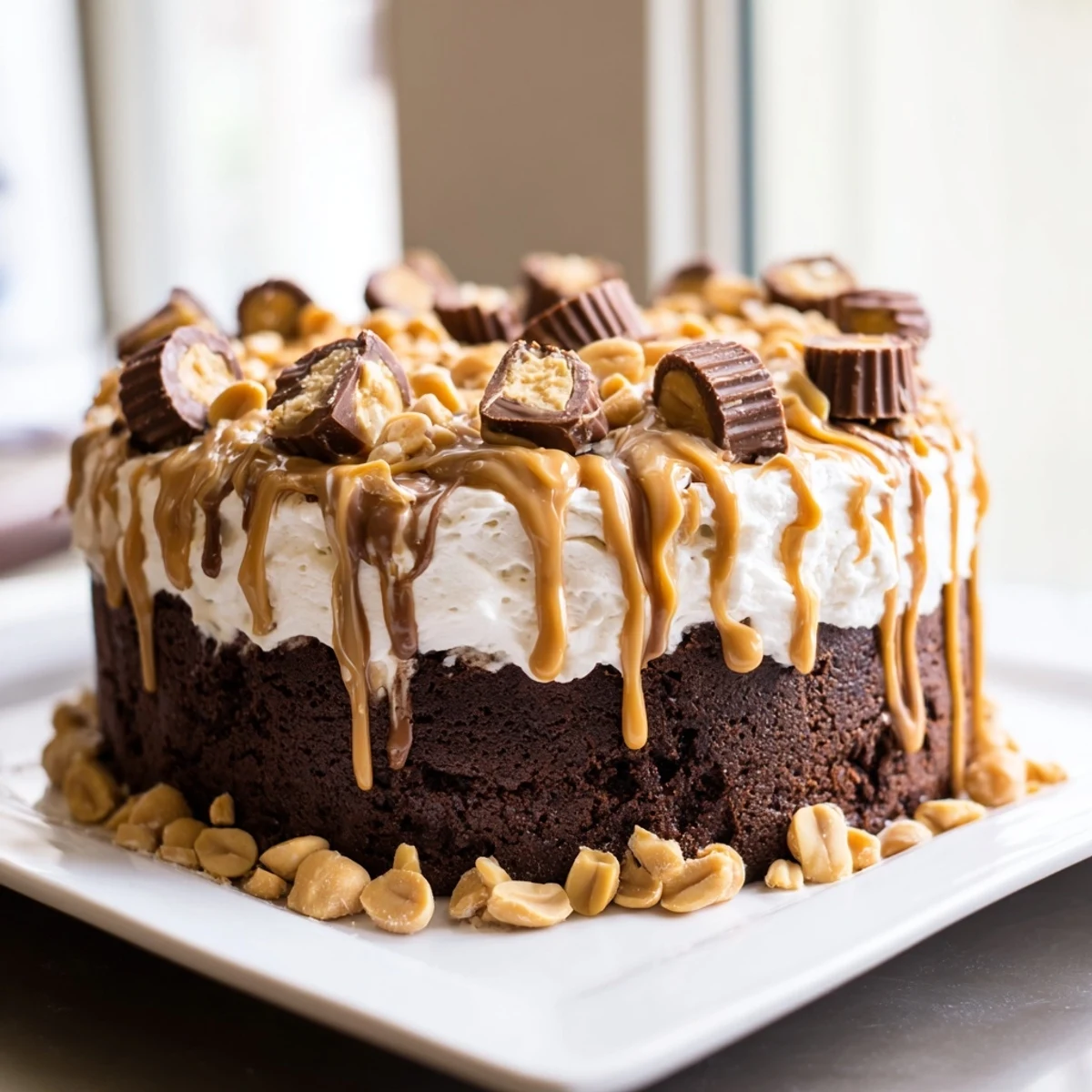 A slice of Chocolate Peanut Butter Poke Cake reveals moist chocolate layers soaked with creamy peanut butter pudding, topped with fluffy whipped cream and a drizzle.