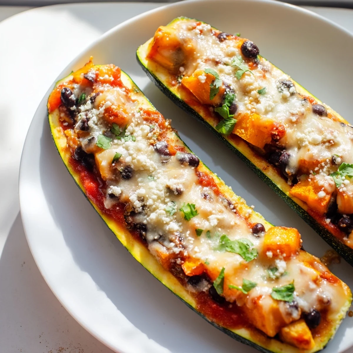 Golden roasted zucchini boats filled with black beans and butternut squash for a savory vegetarian meal.