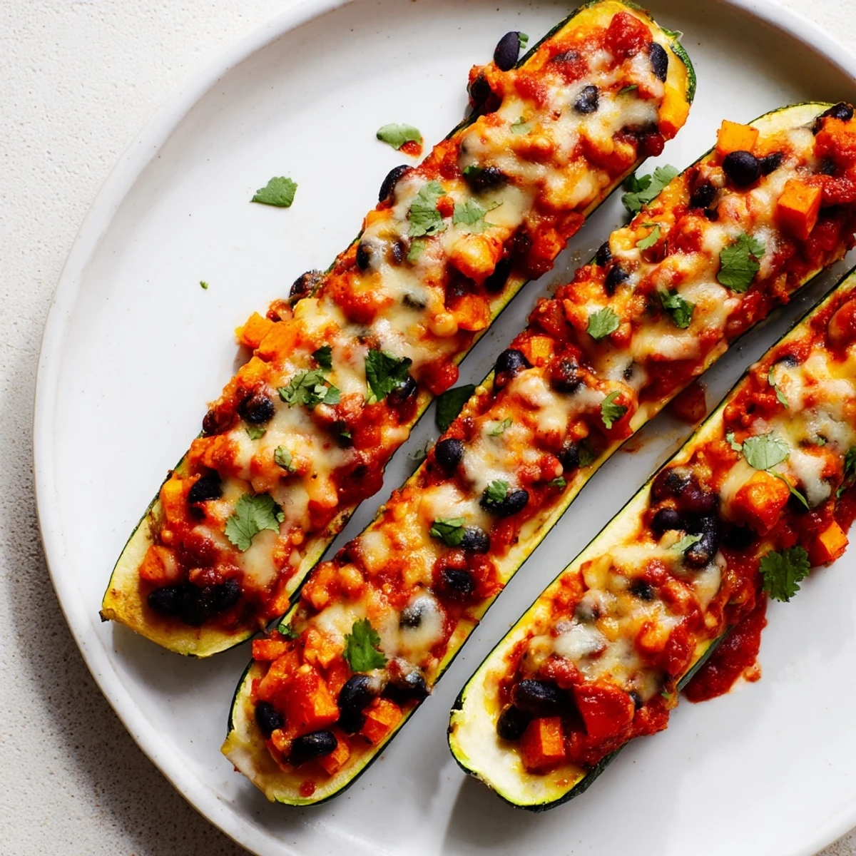 Melty Monterey Jack cheese and zesty enchilada sauce top this Black Bean and Butternut Squash Enchilada Boats recipe.
