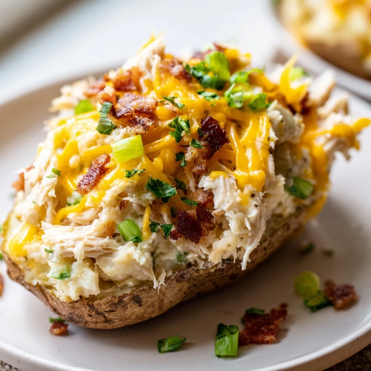 Hearty Mud Chicken Stuffed Twice Baked Potatoes with Savory Filling served on a white plate, garnished with fresh parsley and crumbled bacon for a family dinner.