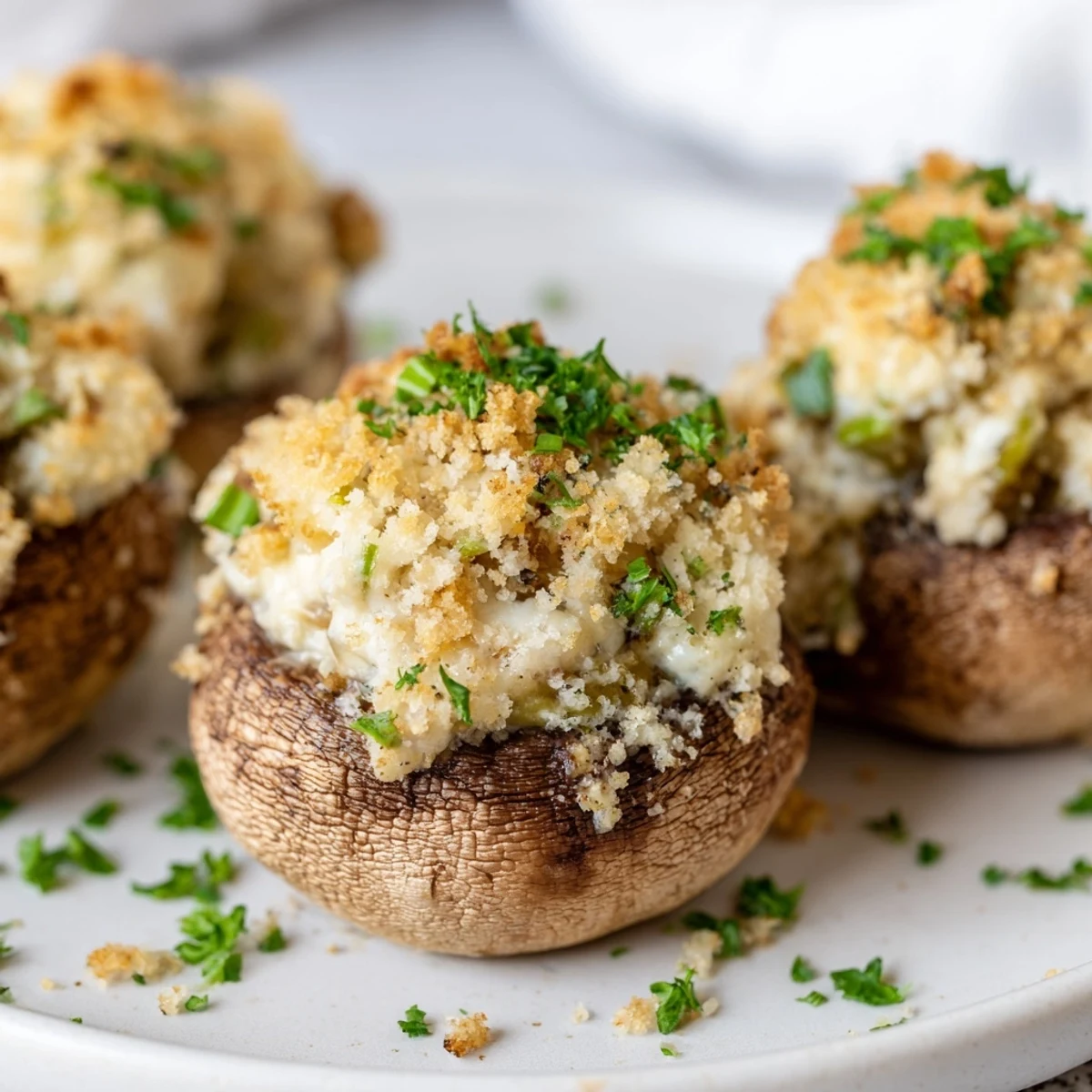 Golden-brown Mozzarella Popper Stuffed Mushrooms with melted cheddar and a crispy breadcrumb topping, served warm on a rustic platter.