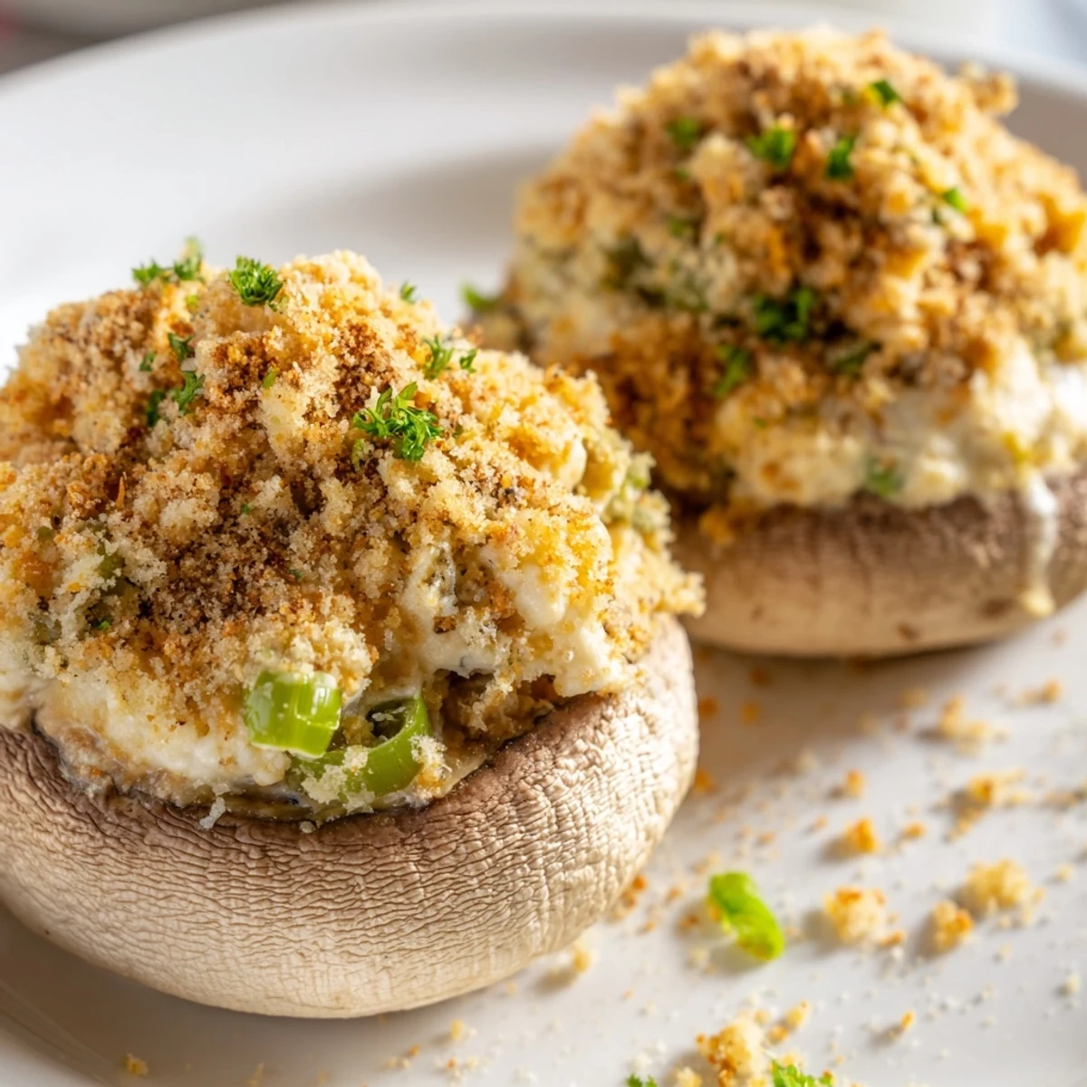Close-up of Mozzarella Popper Stuffed Mushrooms revealing a creamy, spicy filling of mozzarella, cheddar, and jalapeños inside tender mushroom caps.