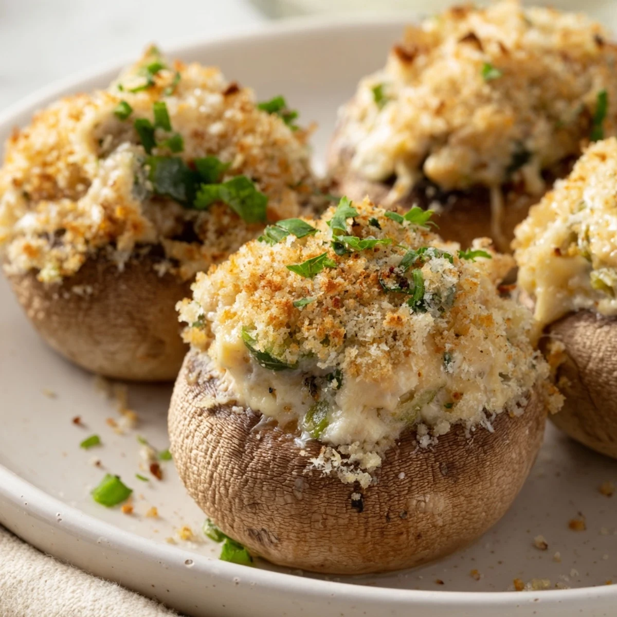 A plate of Mozzarella Popper Stuffed Mushrooms garnished with fresh parsley, perfect for a vegetarian appetizer spread or game day snack.
