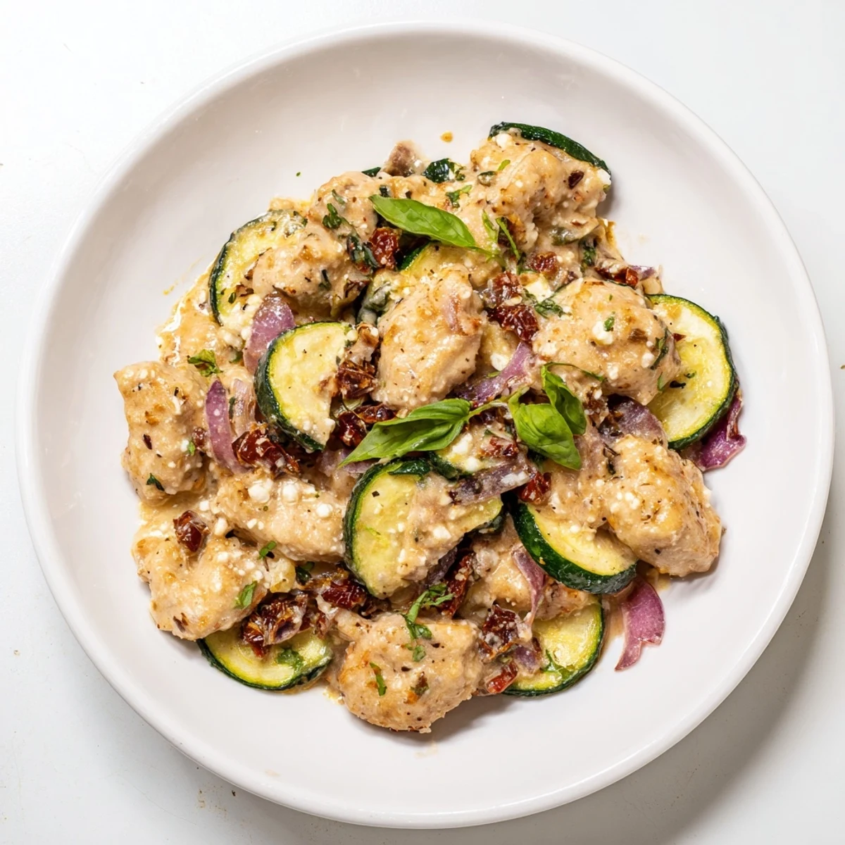 Golden-brown Marry Me Mediterranean Chicken Zucchini Bake with melted feta and fresh basil garnish.