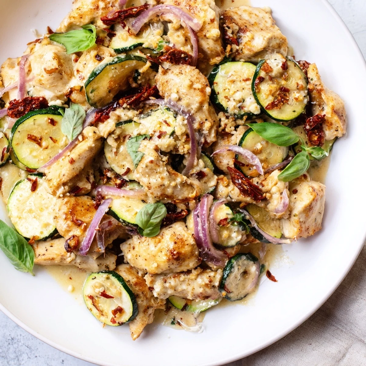 Sizzling Marry Me Mediterranean Chicken Zucchini Bake served hot from the oven with bubbly cheese.