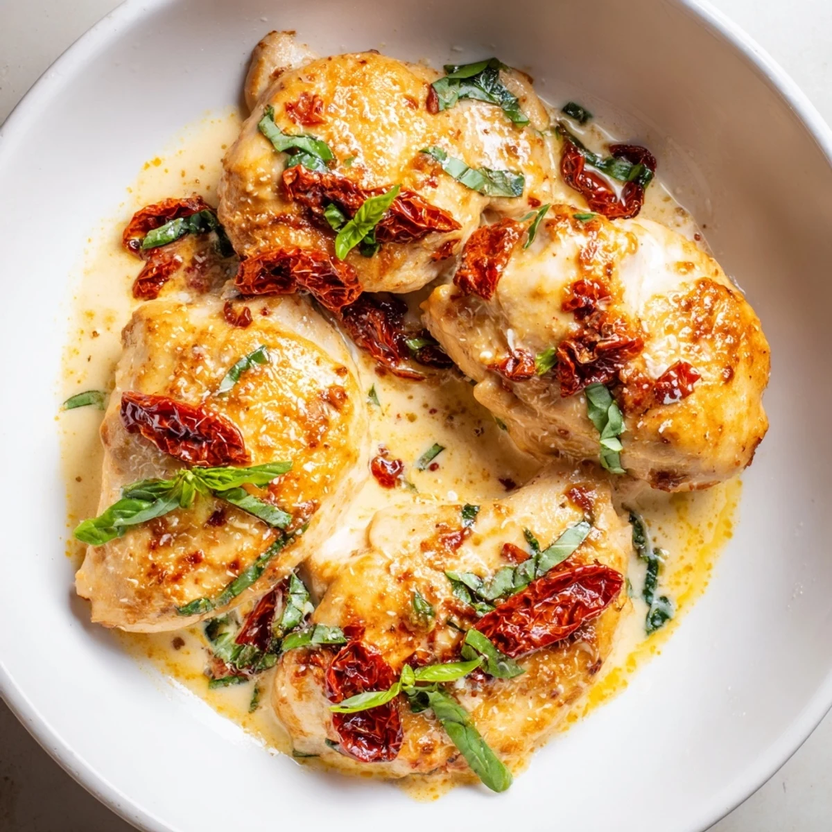 Close-up of Marry Me One Pan Chicken in Sun-Dried Tomato Cream Sauce served over steamed rice, highlighting the rich texture.  