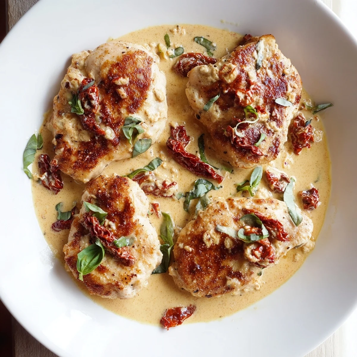 A rustic cast-iron skillet holds Marry Me One Pan Chicken, surrounded by garlic bread and a glass of white wine.