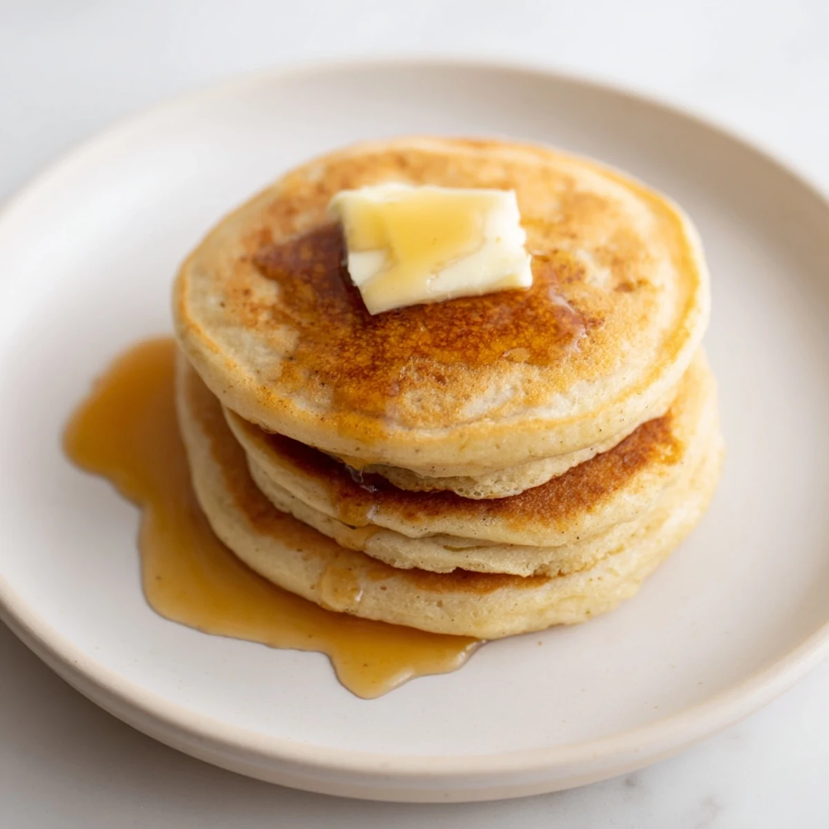 Golden brown Sourdough Discard Pancakes stacked high on a plate, drizzled with maple syrup and fresh blueberries for a perfect breakfast.