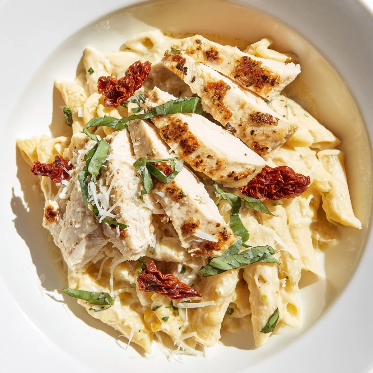 Creamy Marry Me Garlic Parmesan Chicken Pasta in a white bowl topped with fresh basil and extra Parmesan, a comforting Italian-American dinner.