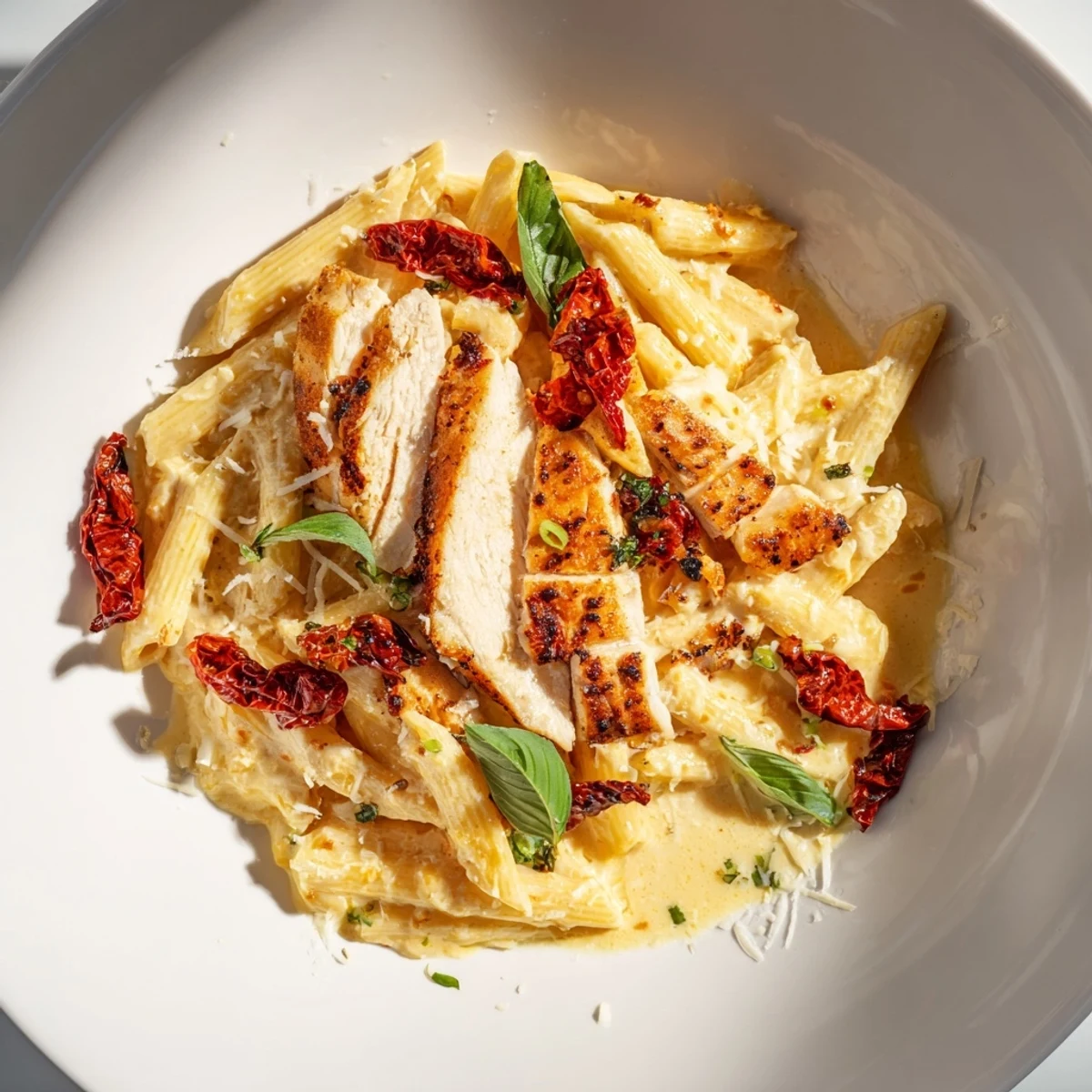 Sliced seasoned chicken breast and penne pasta coated in a rich garlic parmesan cream sauce with sun-dried tomatoes, served hot.