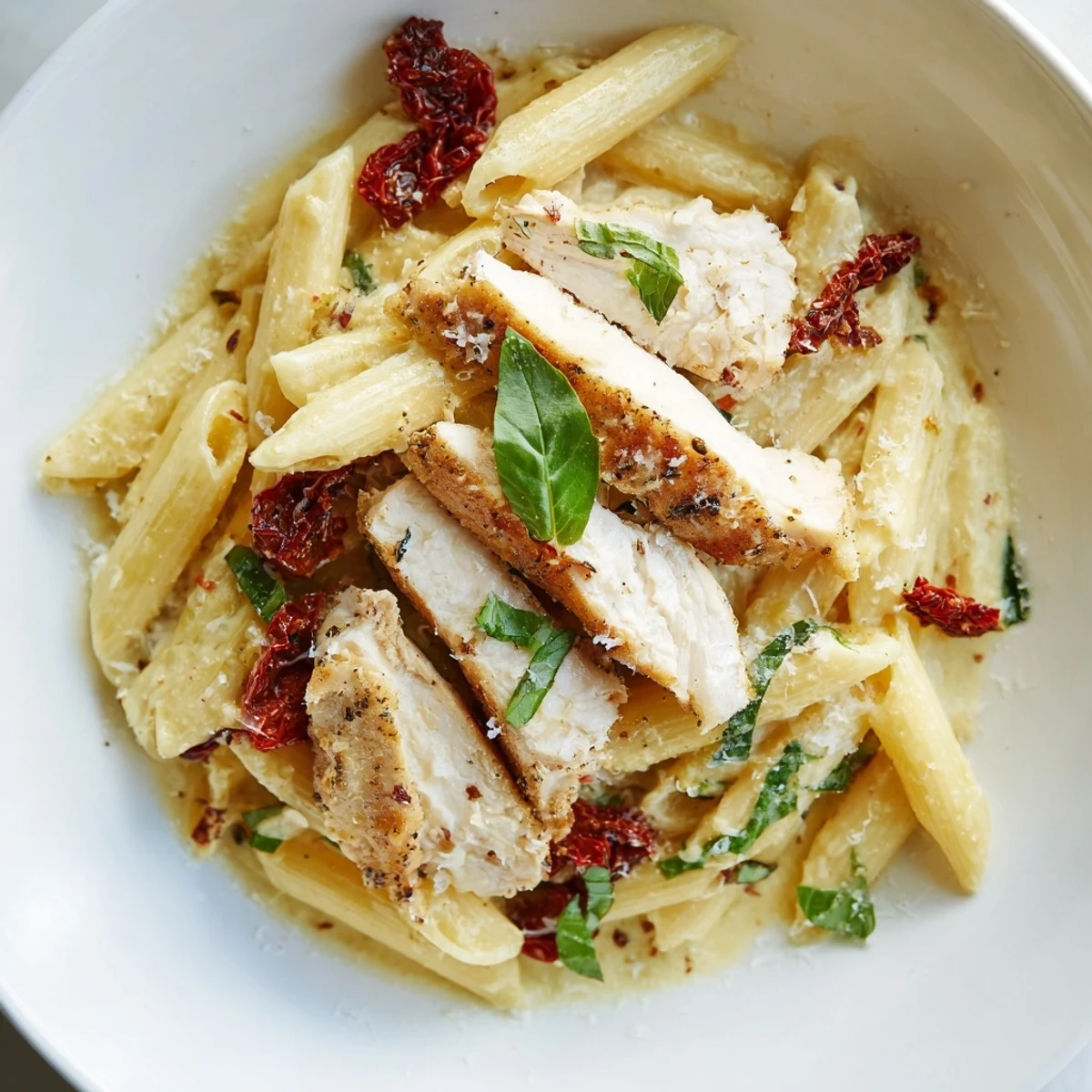 Plated Marry Me Garlic Parmesan Chicken Pasta garnished with red pepper flakes beside a glass of Sauvignon Blanc for a cozy date-night meal.