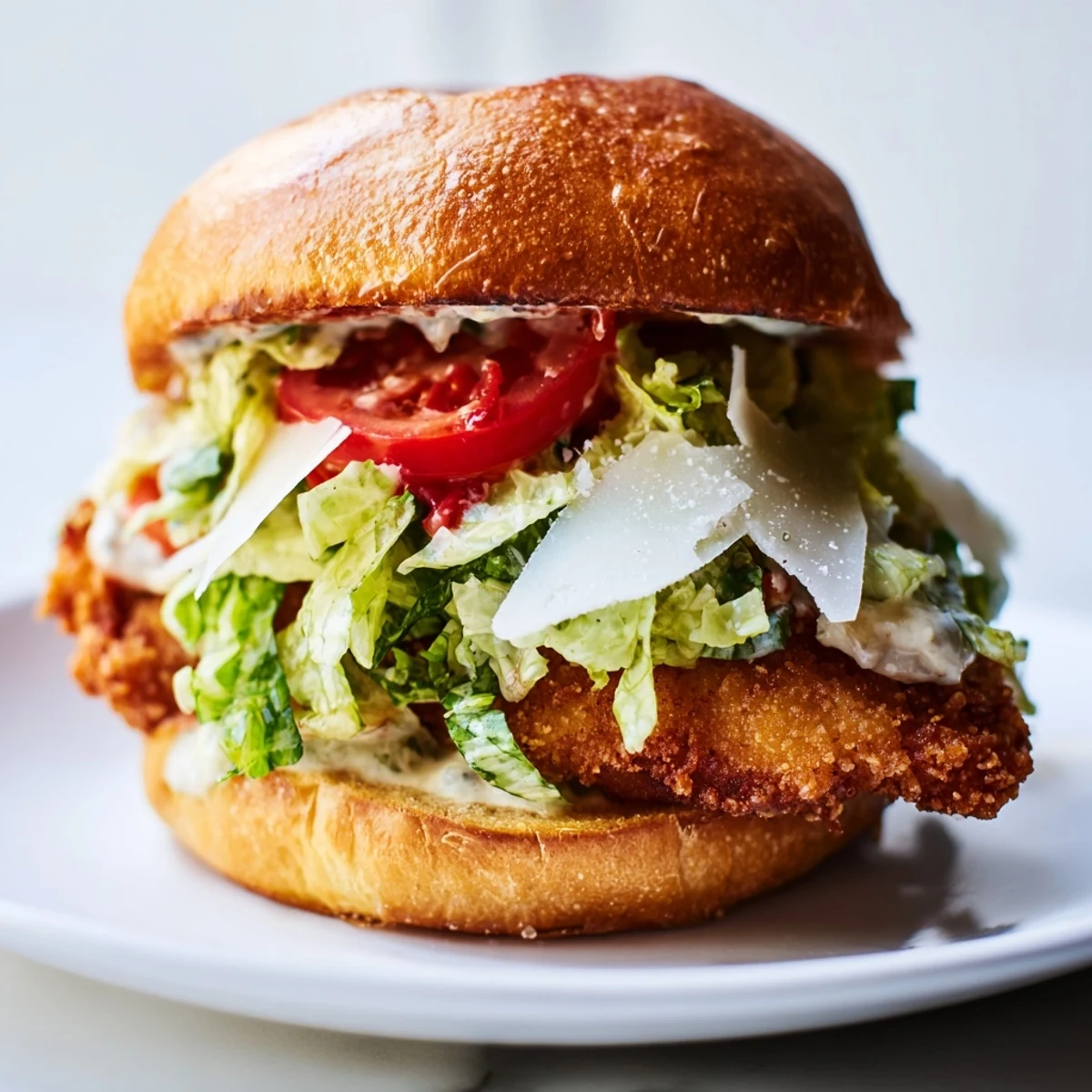 Close-up of a golden brown crispy chicken fillet on a toasted brioche bun, layered with romaine lettuce and shaved Parmesan. This Marry Me Crispy Chicken Caesar Sandwich offers a satisfying crunch and creamy Caesar dressing, perfect for a hearty lunch.