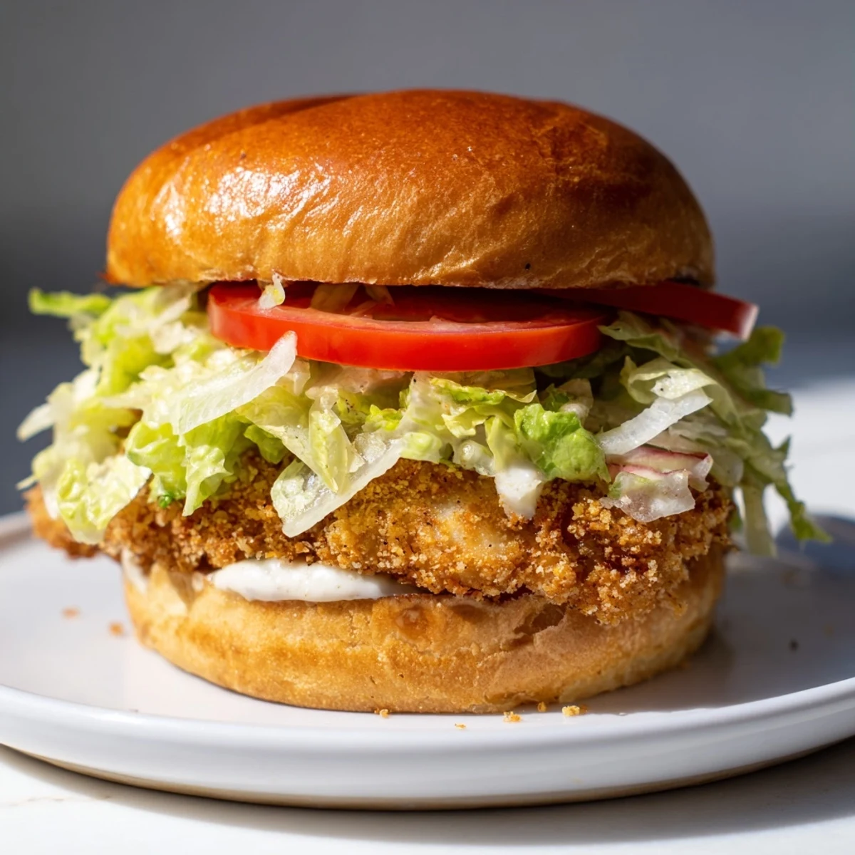 A perfectly assembled Marry Me Crispy Chicken Caesar Sandwich rests on a wooden board with fresh ingredients nearby. The toasted bun holds a juicy, fried chicken breast topped with vibrant green romaine and a rich, garlicky Caesar sauce.