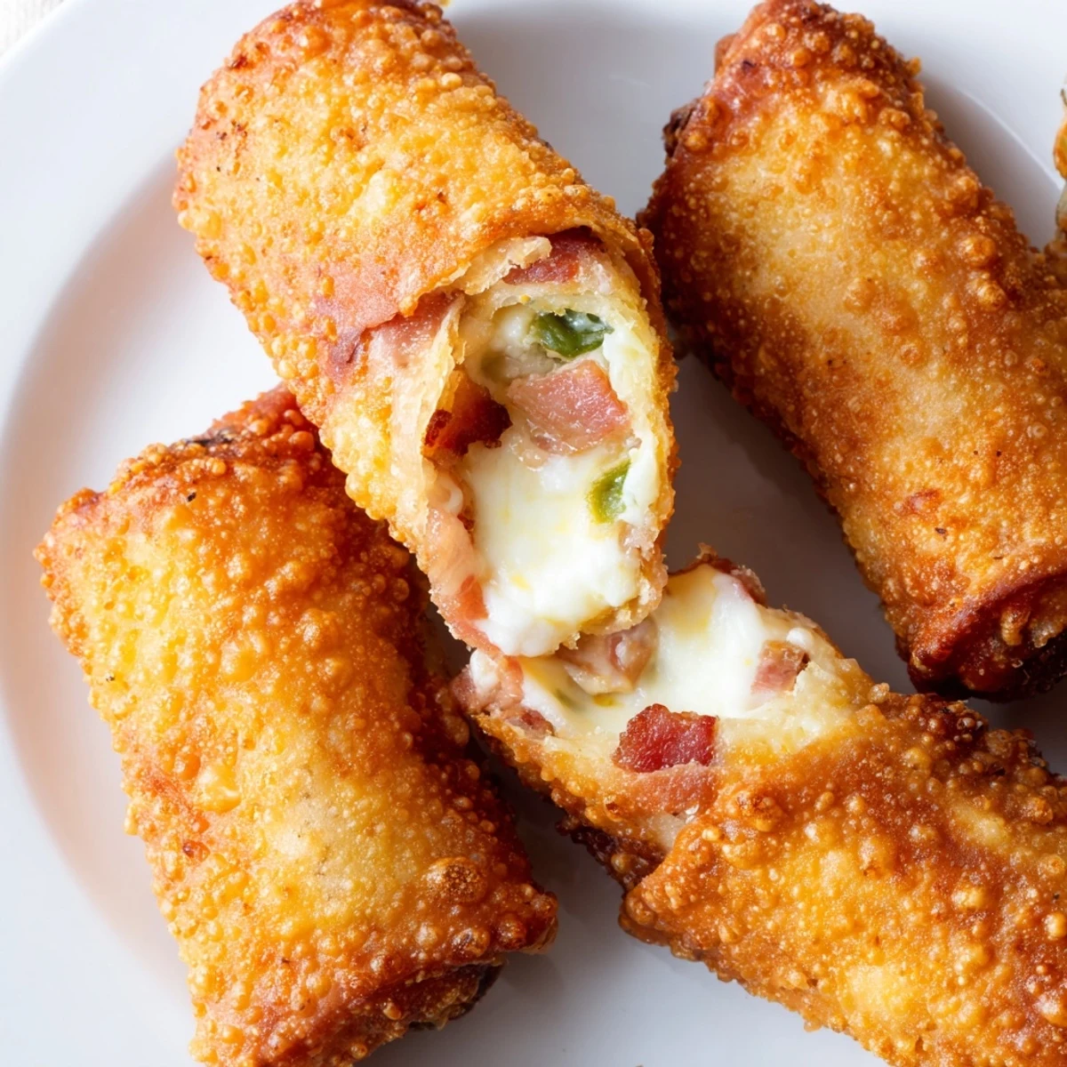 Golden crispy Bacon Jalapeño Popper Eggrolls sit on a cooling rack, their flaky wrappers glistening with oil and revealing glimpses of melted cheddar and smoky bacon inside.