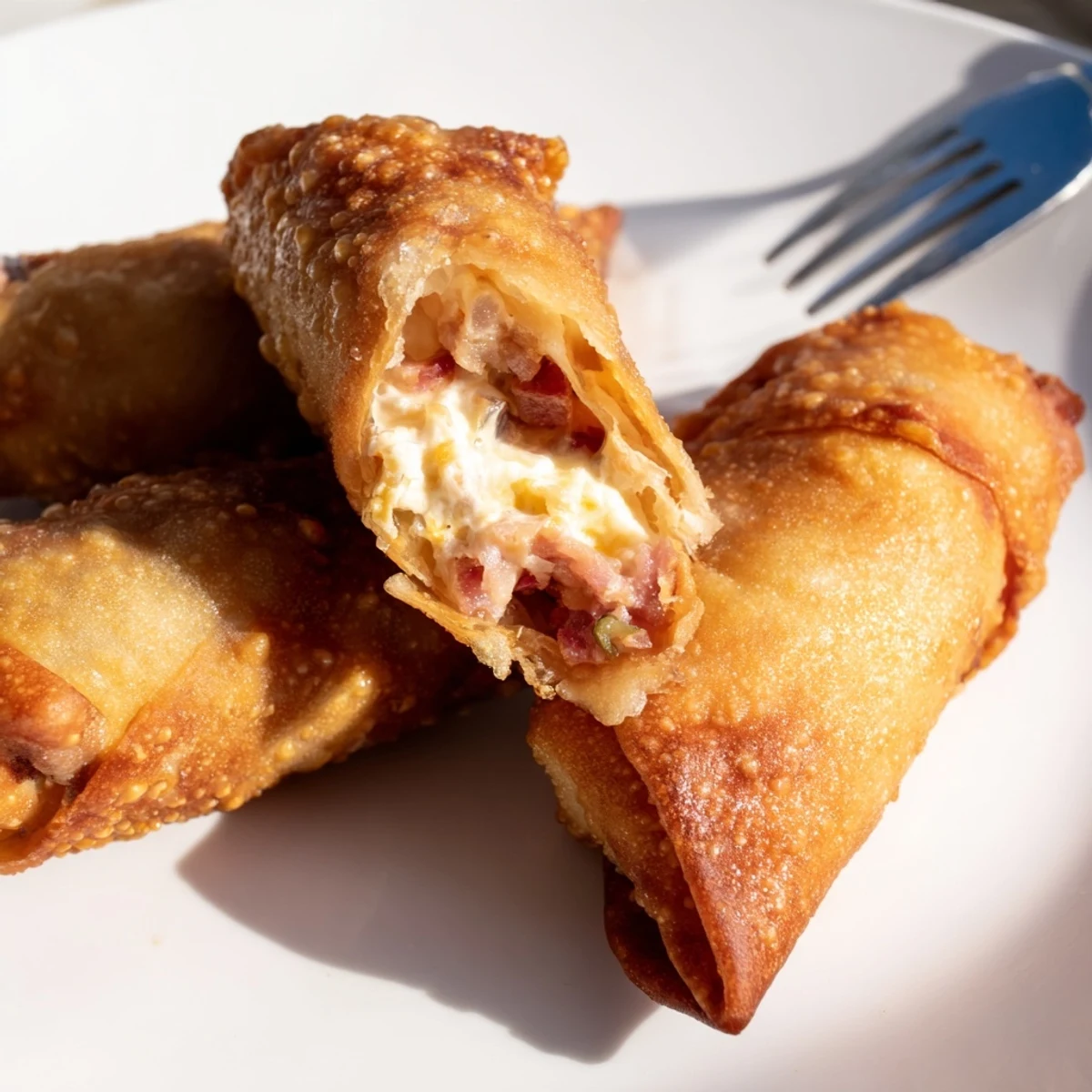A close-up shows Bacon Jalapeño Popper Eggrolls dipped in creamy ranch dressing, with fresh jalapeño slices and bacon bits scattered nearby on a rustic wooden board.
