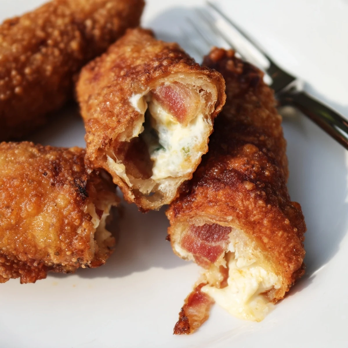 Plate of freshly fried Bacon Jalapeño Popper Eggrolls, halved to show the spicy, cheesy filling with green onions, served on a checkered napkin for game day snacking.