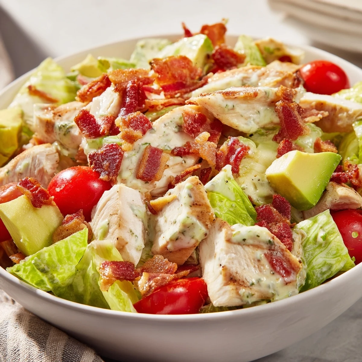 Fresh BLT Chicken Salad tossed with cherry tomatoes and bacon, served as a hearty gluten-free main dish.
