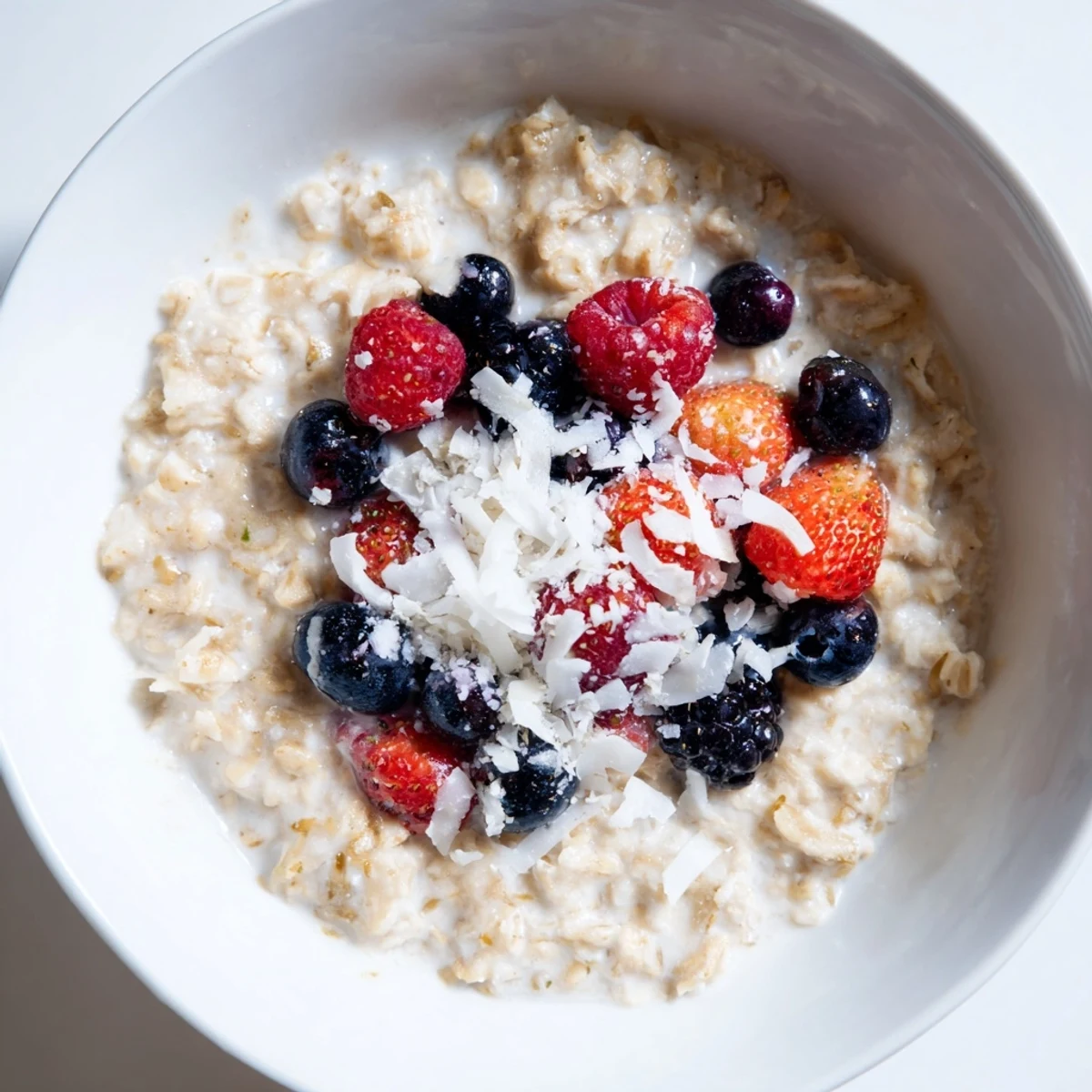 A bowl of Tasty Coconut Cream Oats, creamy and topped with fresh berries and toasted flakes, served warm for breakfast.