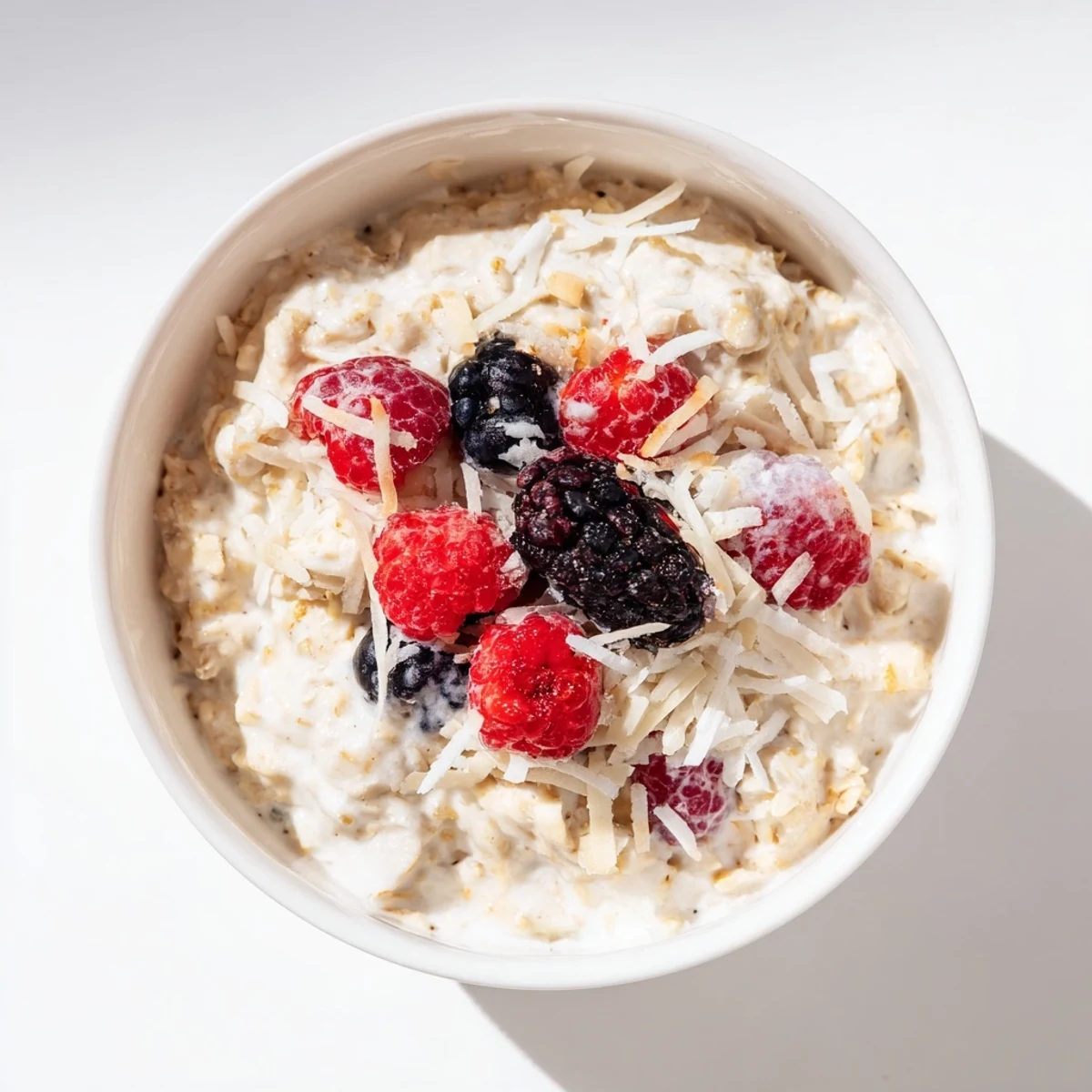 Enjoy Tasty Coconut Cream Oats with maple drizzle, fresh fruit, and chia seeds in a comforting, nourishing morning bowl.