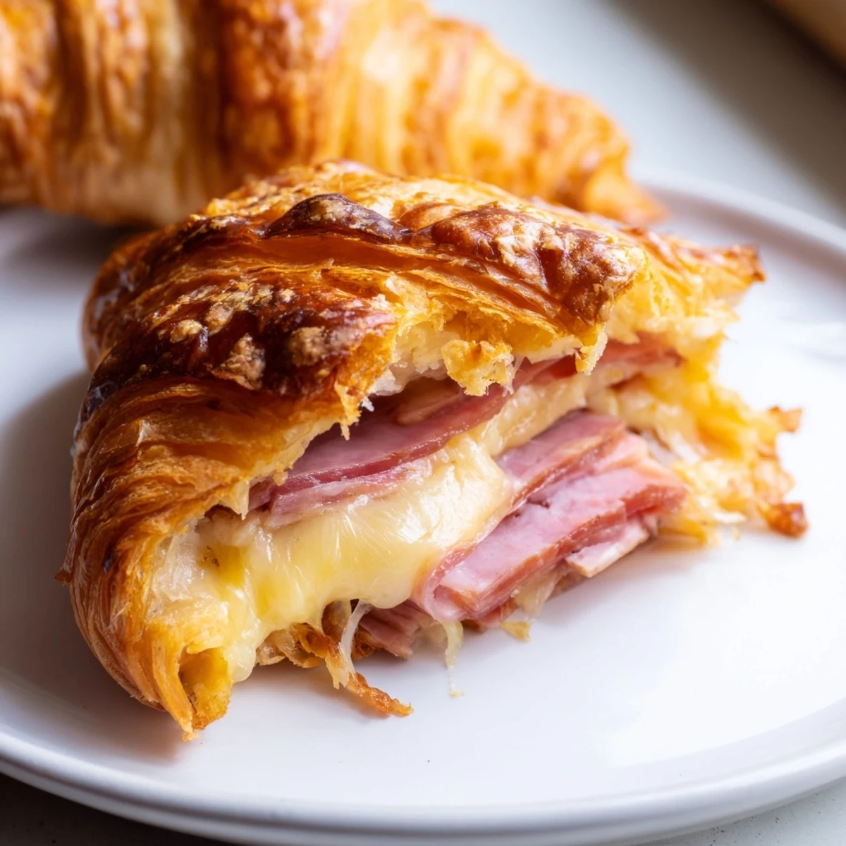 Four golden, flaky air fryer beef ham cheese croissants sit on a rustic wooden board, steam rising softly from their melted Swiss cheese and savory layers.