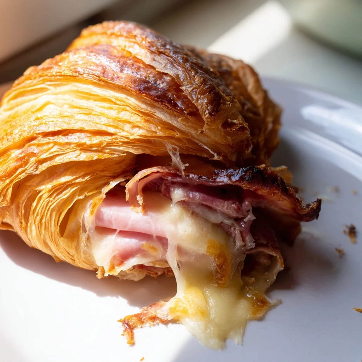 A close-up of a freshly air fried beef ham cheese croissant, revealing a cross-section with tender roast beef, ham, and gooey cheddar nestled inside.
