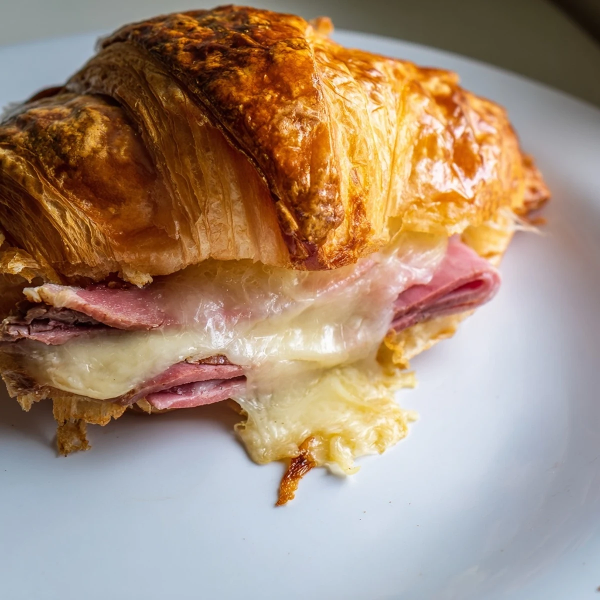 Four buttery Easy Air Fryer Beef Ham Cheese Croissants are arranged on a white plate with a small bowl of mustard dipping sauce beside them.