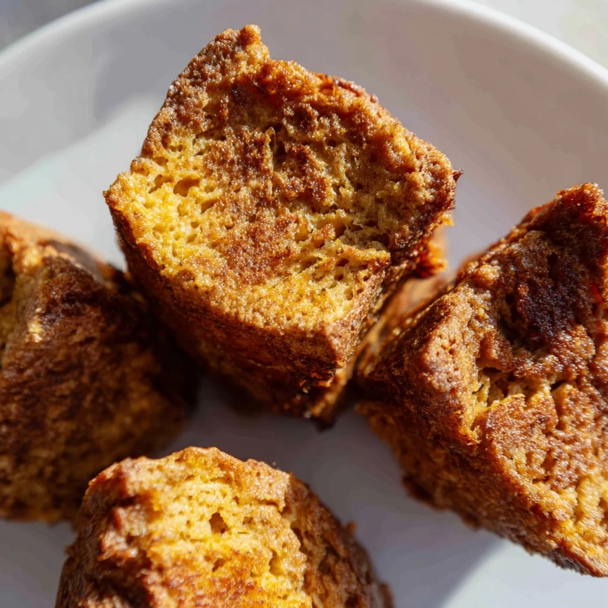 A plated serving of Protein French Toast Muffins with a dollop of yogurt and a side of fresh fruit.