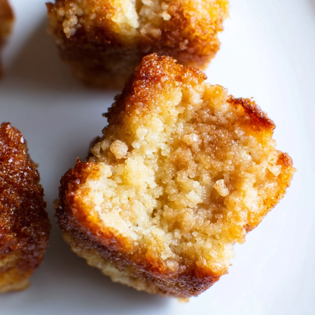 Warm Protein French Toast Muffins topped with maple syrup and chopped pecans on a rustic wooden table.
