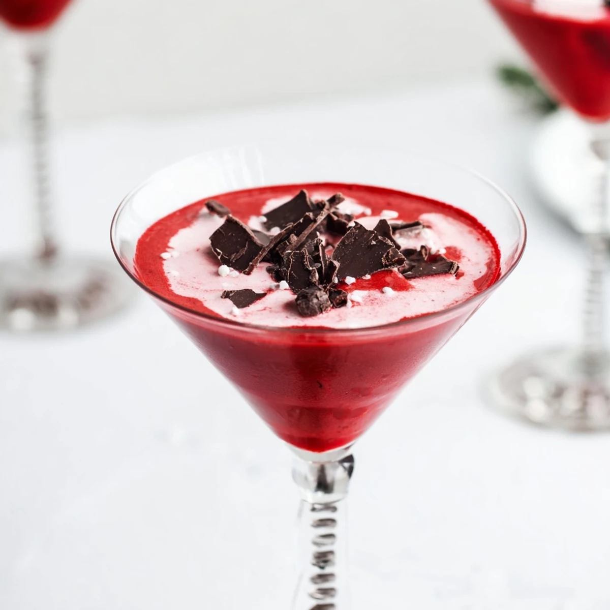 Two chilled Decadent Red Velvet Martinis served in martini glasses with red velvet cake crumb garnish beside a chocolate bar.