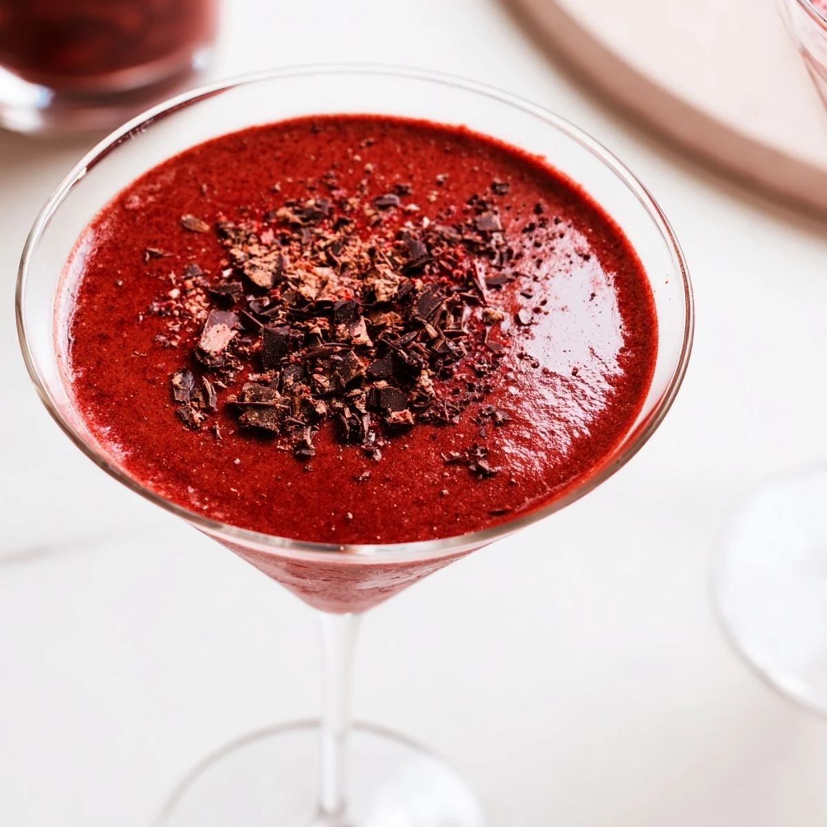 Vibrant Decadent Red Velvet Martini in a stemmed glass with a cream cheese frosting rim and rich red hue.