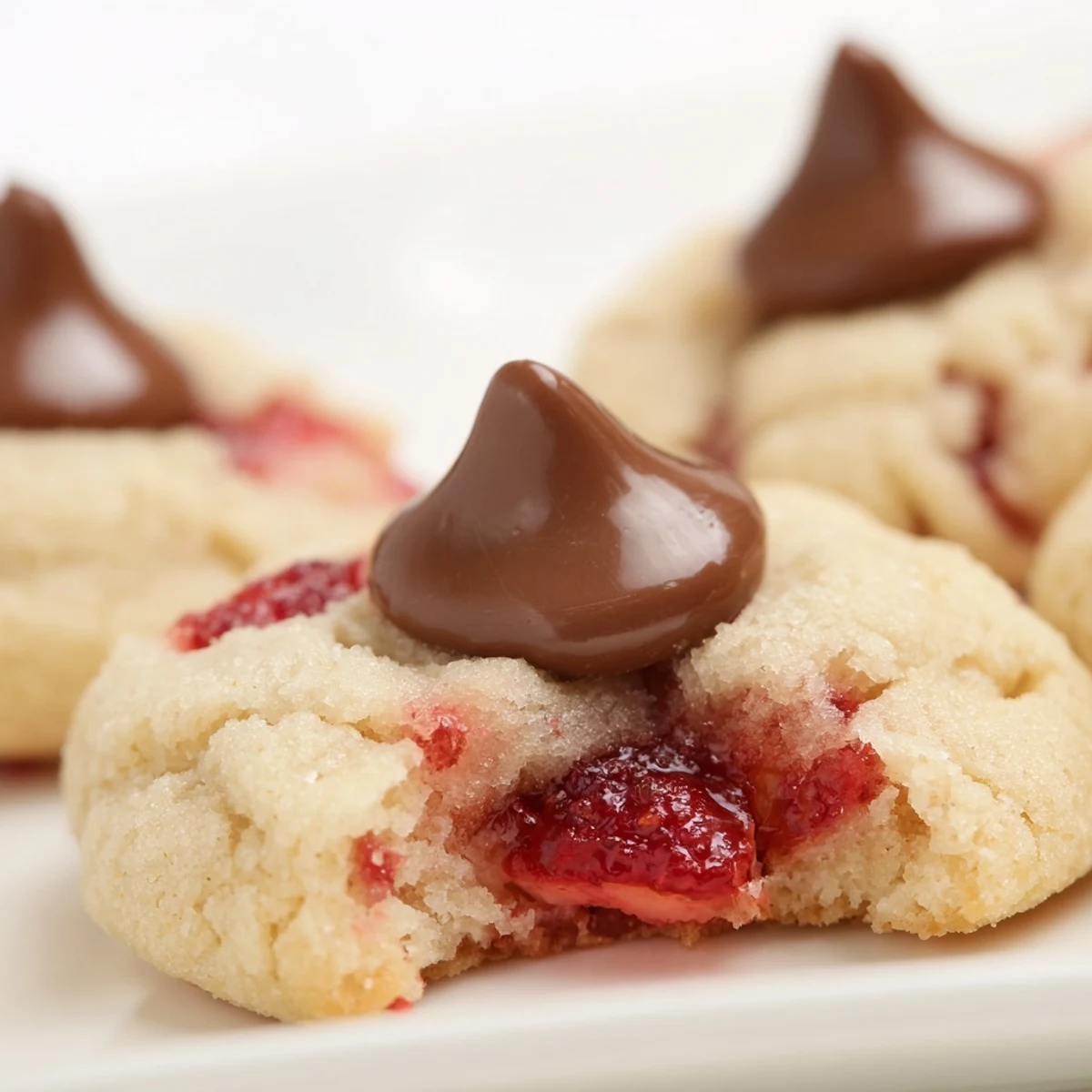 A close-up view of soft Strawberry Kiss Cookies, showing melted chocolate kisses and bits of strawberry in the dough.  