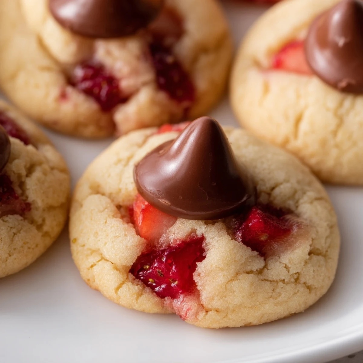 Strawberry Kiss Cookies arranged on a serving plate, ready for a springtime dessert party or festive gathering.
