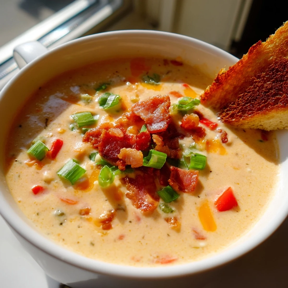 A creamy, spicy bowl of Spicy Jalapeño Popper Soup With Grilled Cheese Dippers garnished with green onions and bacon crumbles.  