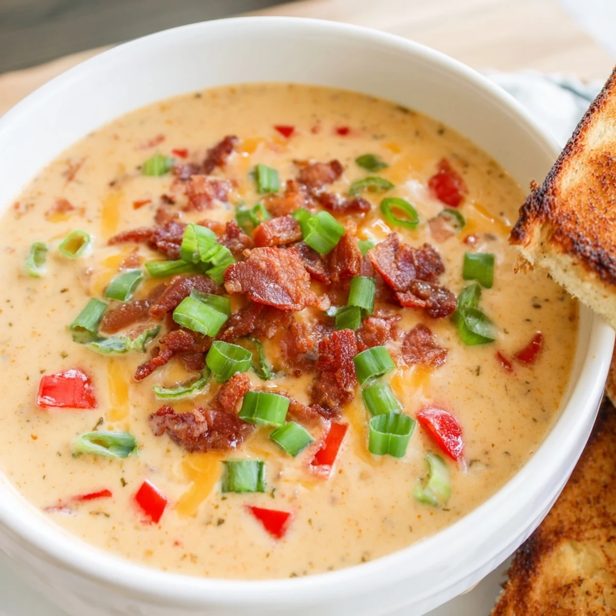 Spicy Jalapeño Popper Soup With Grilled Cheese Dippers ladled into a rustic bowl, showing melted cheese and diced jalapeños.  