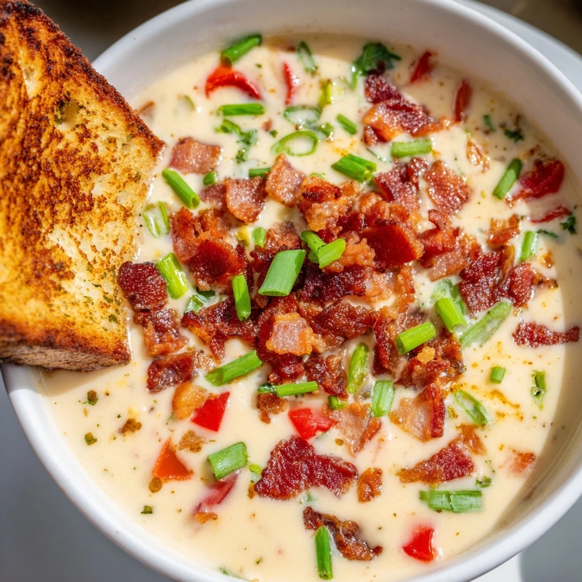 Steamy Spicy Jalapeño Popper Soup With Grilled Cheese Dippers served beside golden grilled cheese strips ready for dipping.
