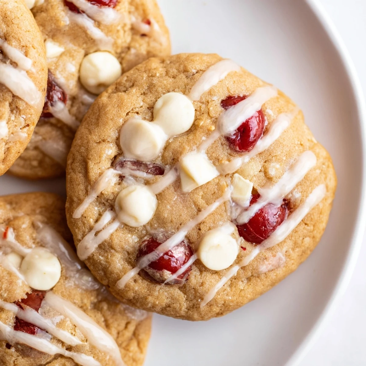 Irresistible Maraschino Cherry Cookies arranged on a white plate with a drizzle of almond glaze, ready to be served as a sweet dessert.