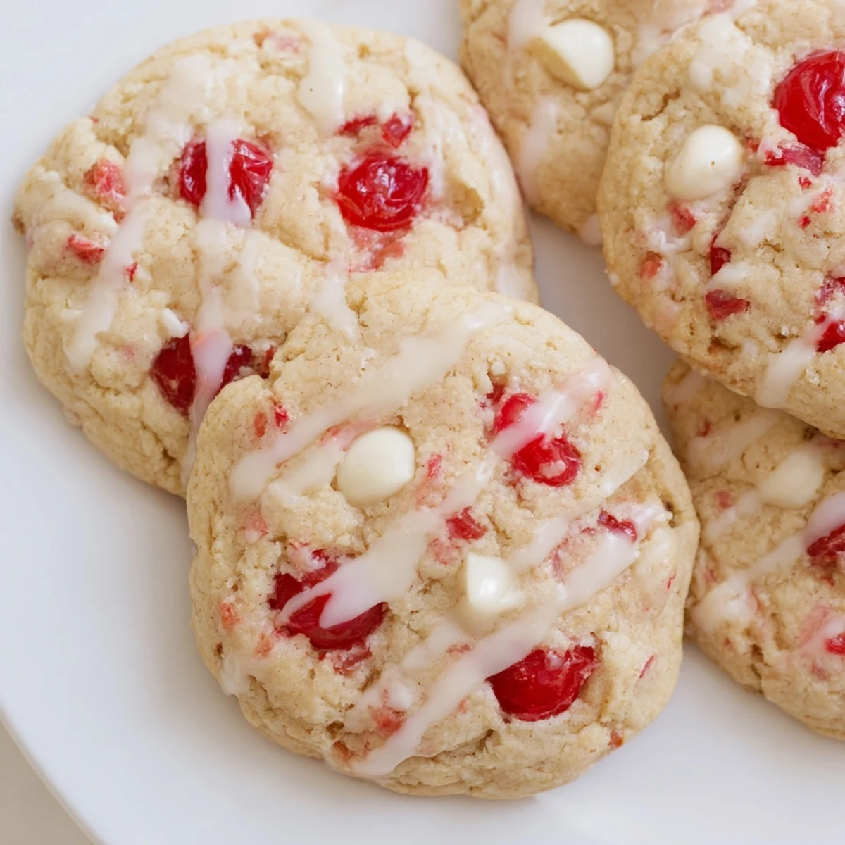 A close-up of Irresistible Maraschino Cherry Cookies on a cooling rack, showcasing their soft, chewy texture and bright pink pieces studded throughout.